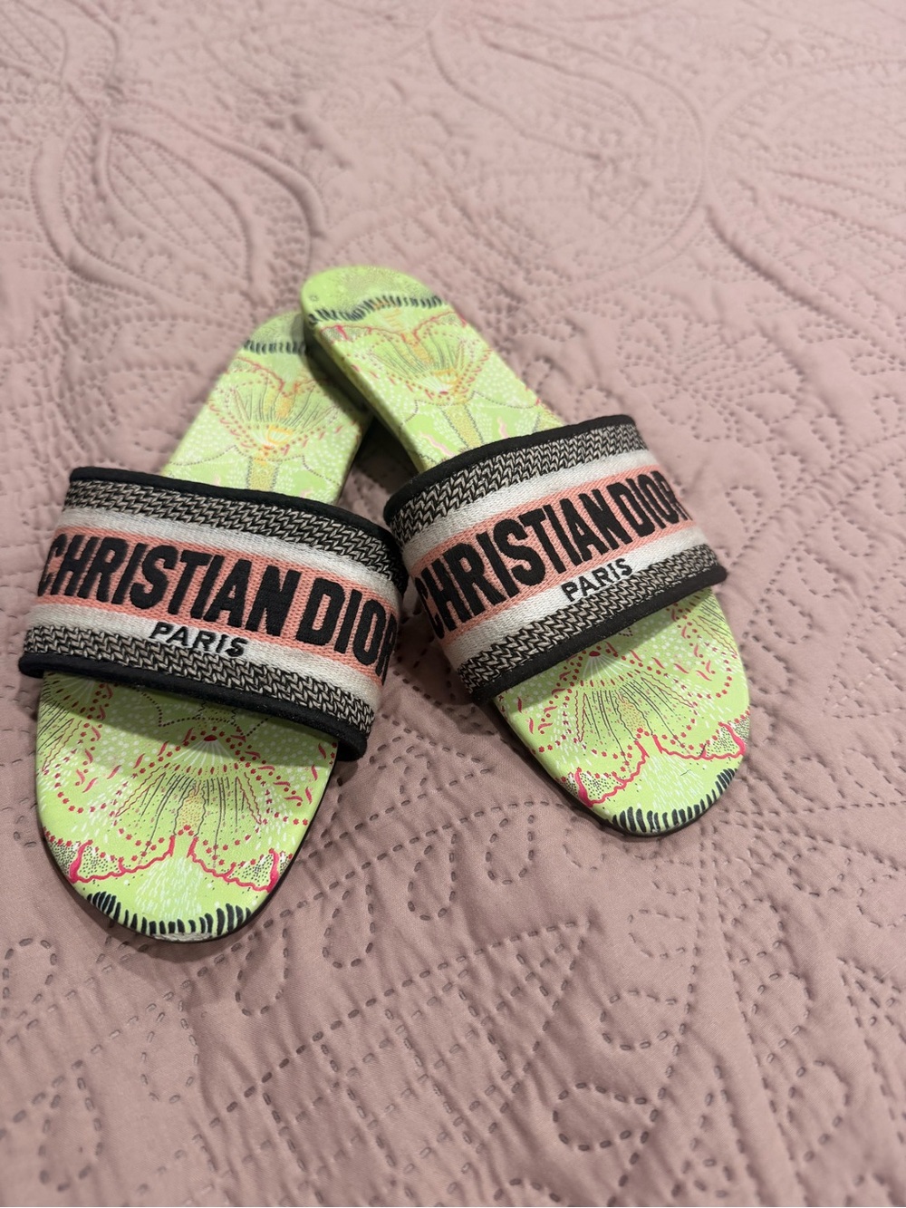 Green Floral Logo Slide Sandals
